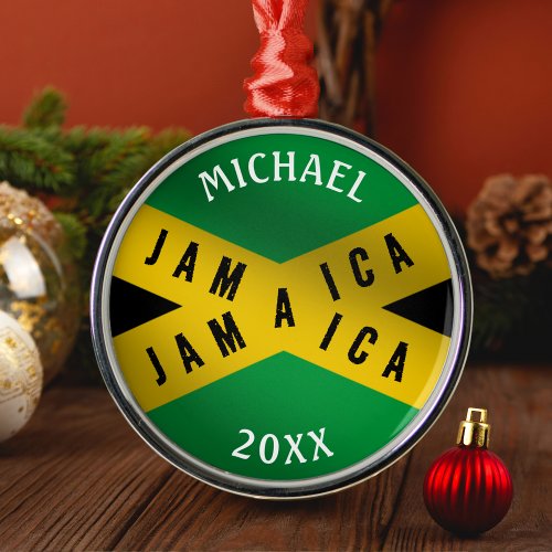 Jamaica Caution Tape Green Gold Jamaican Flag  Metal Ornament