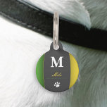 Jamaica Colors Green Gold Caribbean Name Monogram Pet ID Tag<br><div class="desc">Jamaican flag colors green black and gold name tag for pet dog or cat.  White paw print and white pet initial. Customize the name,  initial and contact information.</div>