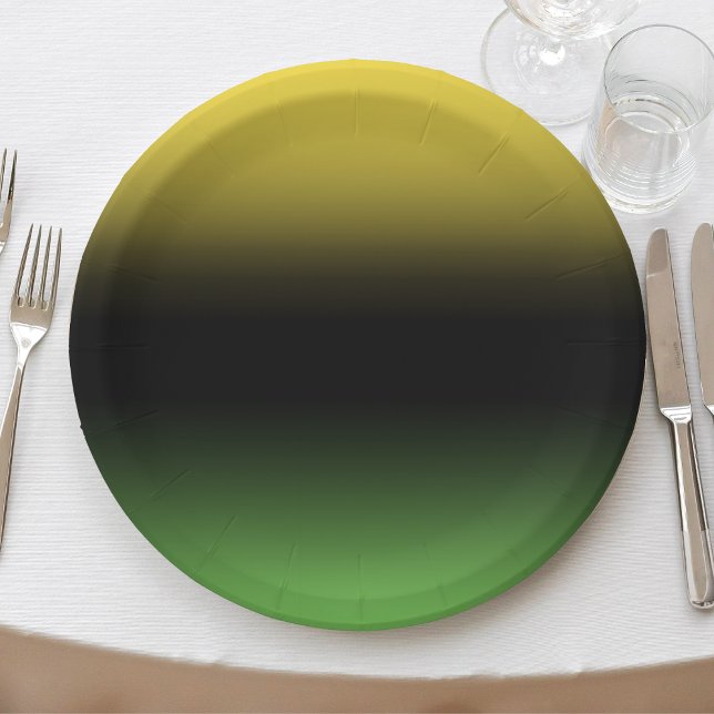 Jamaica Colors Ombre Gradient Green and Yellow Paper Plates (black green and gold jamaica colors ombre paper plates)