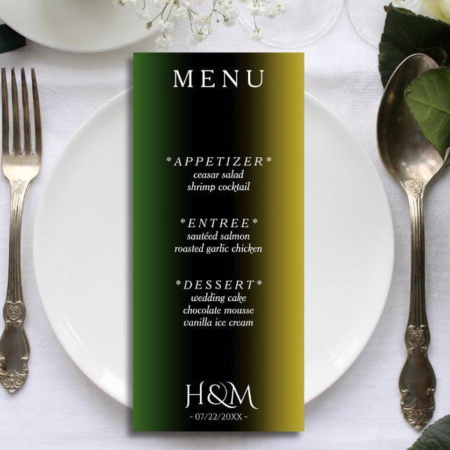 Jamaica Colors Ombre Jamaican Wedding Reception Menu (Jamaica colors green, black and gold gradient wedding menu)