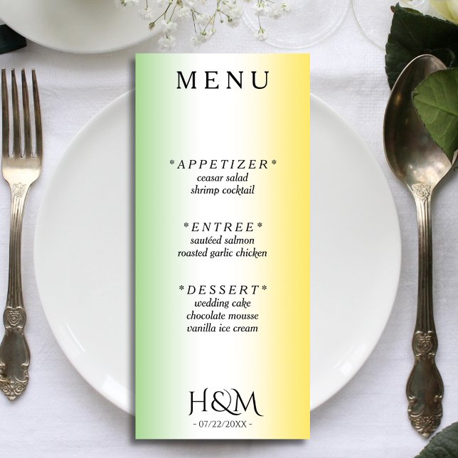 Jamaica Colors Ombre Jamaican Wedding Reception Menu (Jamaica colors green and gold gradient wedding menu)
