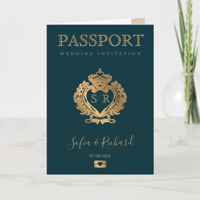 Jamaica Destination Wedding Passport Gold Crest Invitation (Front)