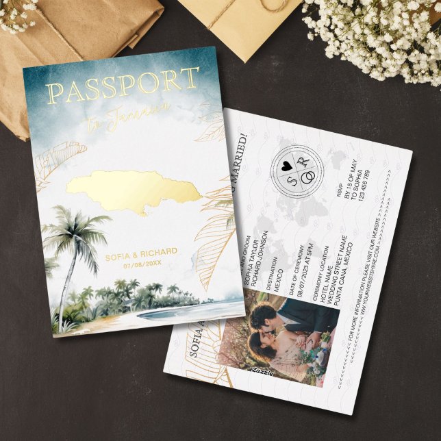 Jamaica Destination Wedding Passport Gold Foil Invitation (gold foil Jamaica passport wedding invitation)