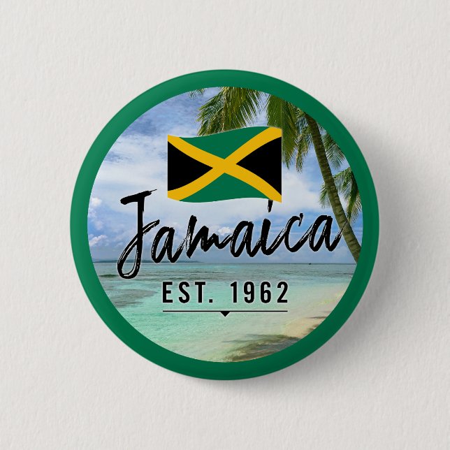 "Jamaica Est. 1962" Beach With Jamaica Flag Art Button (Front)