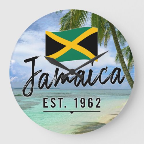 Jamaica Est 1962 Beach With Jamaica Flag Art Large Clock