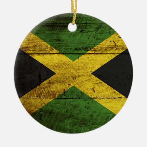 Jamaica Flag on Old Wood Grain Ceramic Ornament