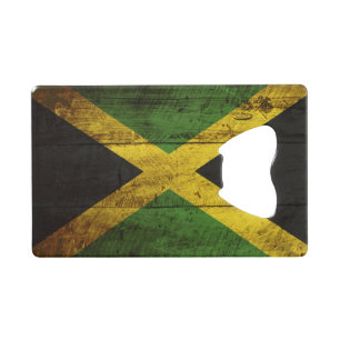 Jamaica Flag on Old Wood Grain Credit Card Bottle Opener