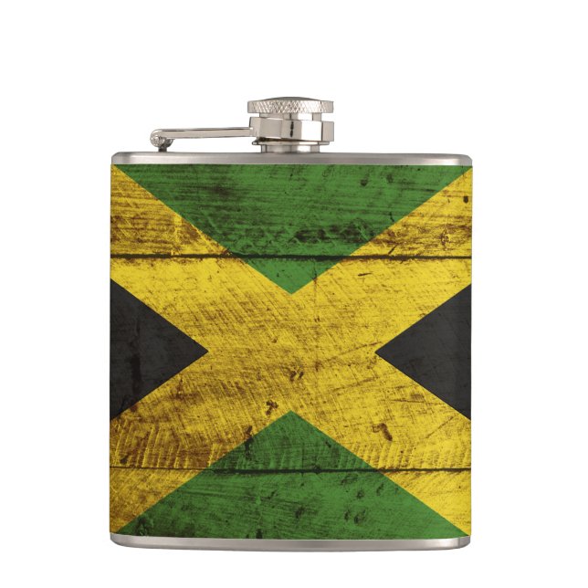 Jamaica Flag on Old Wood Grain Flask (Front)