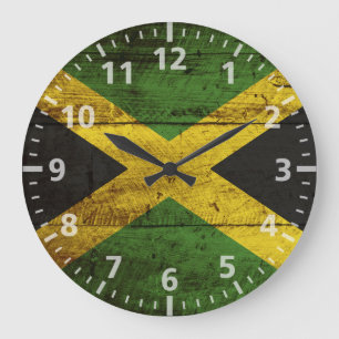 Jamaica Flag on Old Wood Grain Large Clock