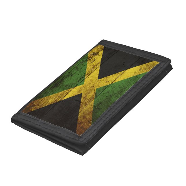 Jamaica Flag on Old Wood Grain Tri-fold Wallet (Bottom)