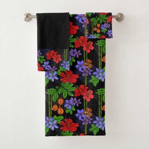 Jamaica Flowers and Ackee Fruit Tropical Black Bath Towel Set
