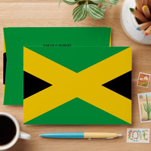 Jamaica Green Black  Gold Jamaican Flag Wedding Envelope