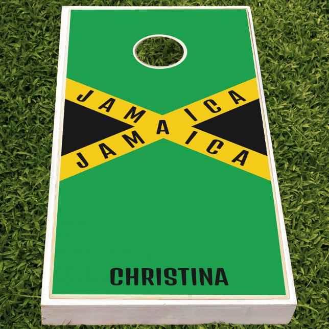 Jamaica Green Black & Gold Name Jamaican Flag Cornhole Set (Jamaica Jamaican flag cornhole set)
