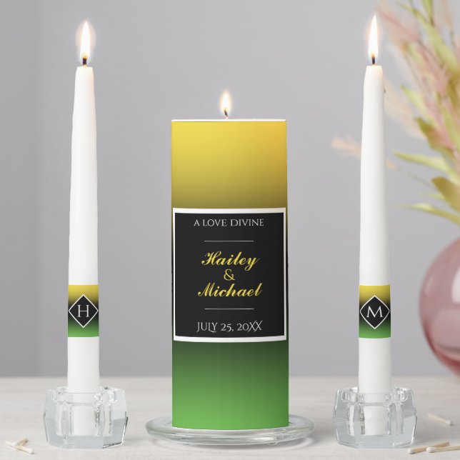 Jamaica Green & Gold Gradient Elegant Wedding Unity Candle Set (In Situ)
