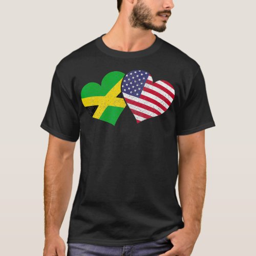 Jamaica Heart Jamaican Heritage USA American Flag  T_Shirt