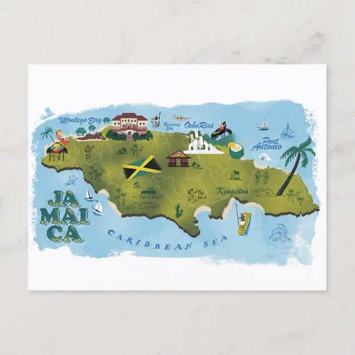 Jamaica Illustrated Map Postcard