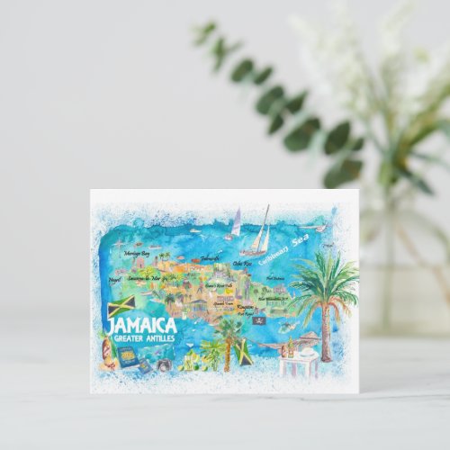 Jamaica Illustrated Travel Map with Roads  Holiday Postcard