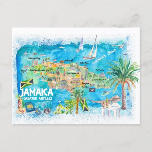 Jamaica Illustrated Travel Map with Roads  Holiday Postcard