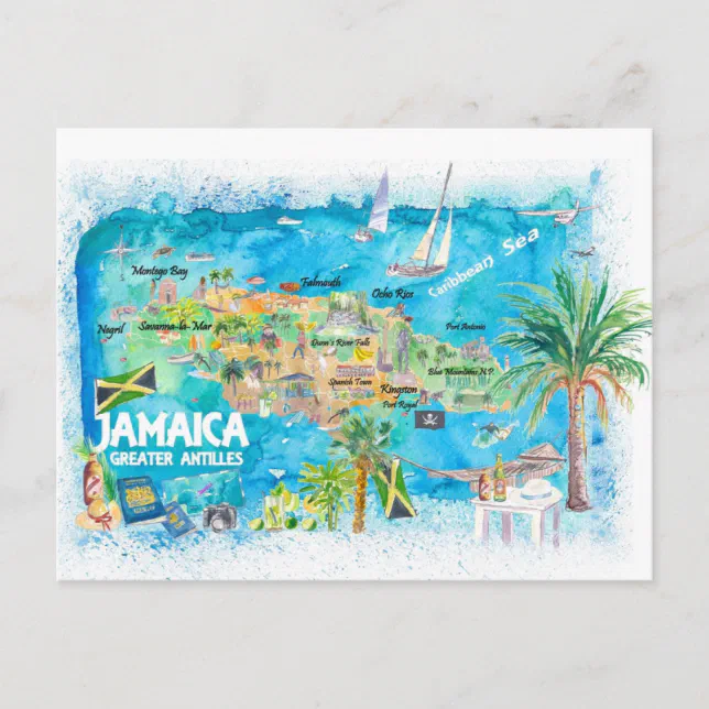 Jamaica Illustrated Travel Map with Roads Holiday Postcard | Zazzle