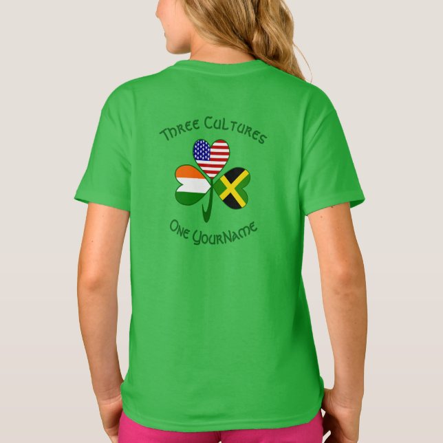 Jamaica Ireland USA Shamrock Personalized Text  T-Shirt (Back)