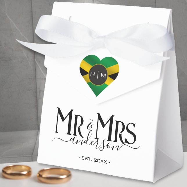 Jamaica Jamaican Flag Heart Cute Newlywed Wedding Favor Boxes (Jamaica jamaican flag heart monogram mr and mrs white wedding favor box)