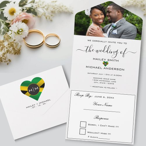 Jamaica Jamaican Flag Heart Modern Photo Wedding All In One Invitation