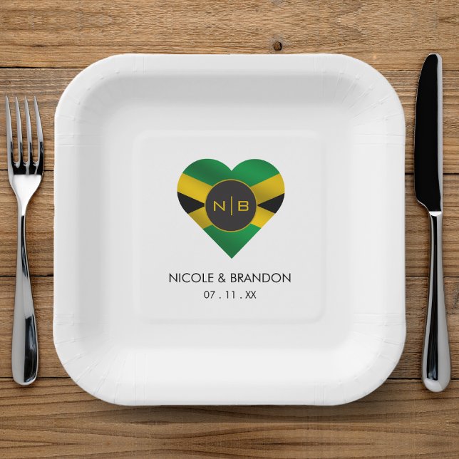 Jamaica Jamaican Flag Heart Monogram Wedding Paper Plates (Jamaica Jamaican Flag Heart Monogram Wedding Paper Plates)