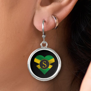 Jamaica Jamaican Flag Heart Name Monogram Initial Earrings