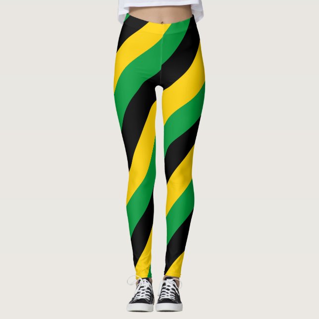 Jamaica National Flag Colors Diagonal Striped Leggings (Front)