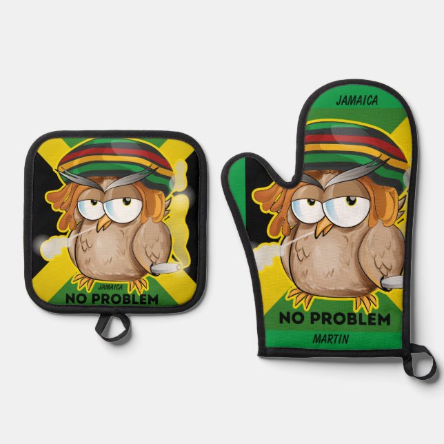 Jamaica No Problem Funny Owl Oven Mitt & Pot Holder Set (Front)