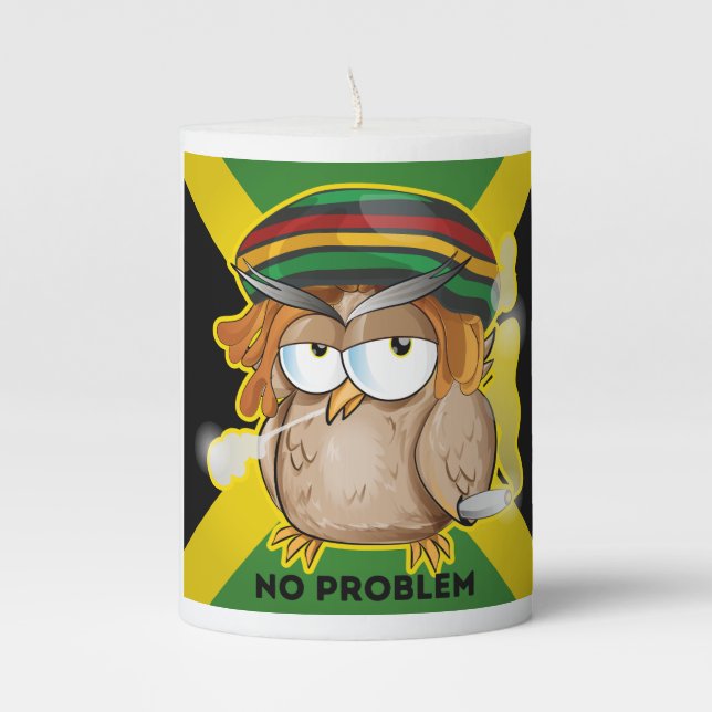 Jamaica No Problem with Funny Smoking Rasta Owl  Pillar Candle (Front)
