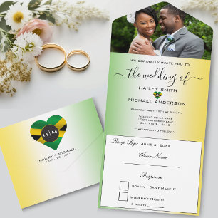 Jamaica Ombre Jamaican Flag Heart Photo Wedding All In One Invitation