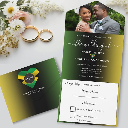 Jamaica Ombre Jamaican Flag Heart Photo Wedding All In One Invitation