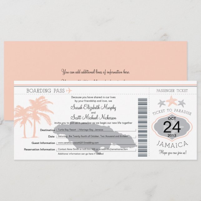 Jamaica Peach Gray Boarding Pass Wedding Invitation (Front/Back)