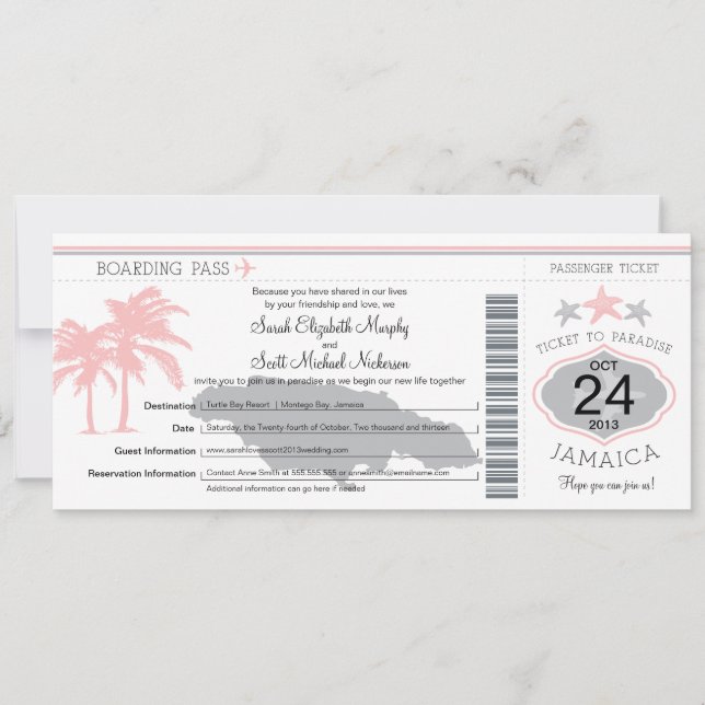 Jamaica Pink Gray Boarding Pass Wedding Invitation (Front)