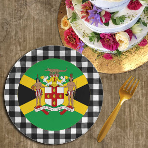Jamaica Plate, Emblem buffalo plaid, Jamaican Flag Paper Plates