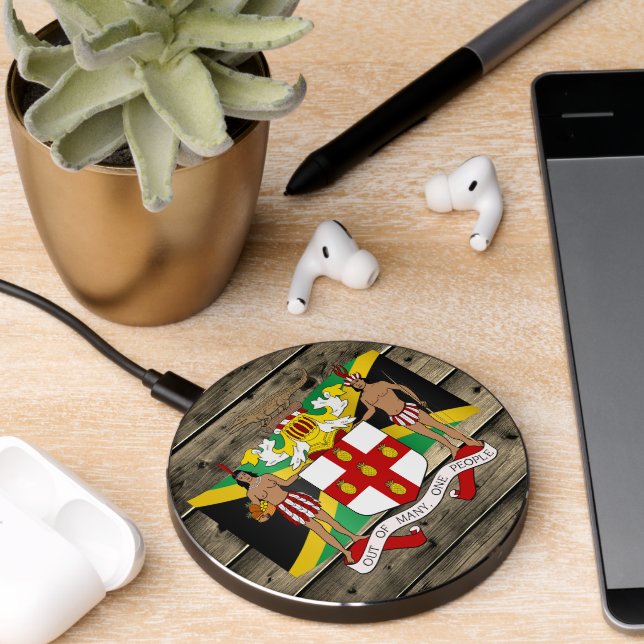 Jamaica Rustic Wood, Jamaican Coat of Arms, flag Wireless Charger (Desk 2)