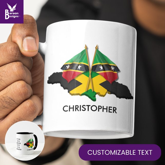 JAMAICA ST KITTS Personalized  Mug (Stylish Jamaica St Kitts flag mug with CUSTOMIZABLE TEXT to celebrate your dual heritage.)