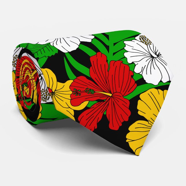 Jamaican Beach Wedding Tropical Flowers Patterned Neck Tie (Rolled)