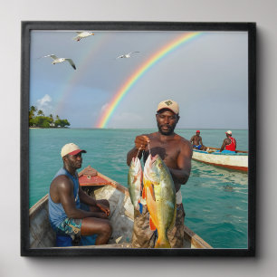Jamaican fishermen and rainbow peel and stick photo tile