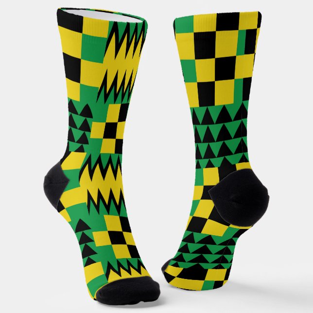 Jamaican Flag Colored Geometric Patterned Socks (Angled)