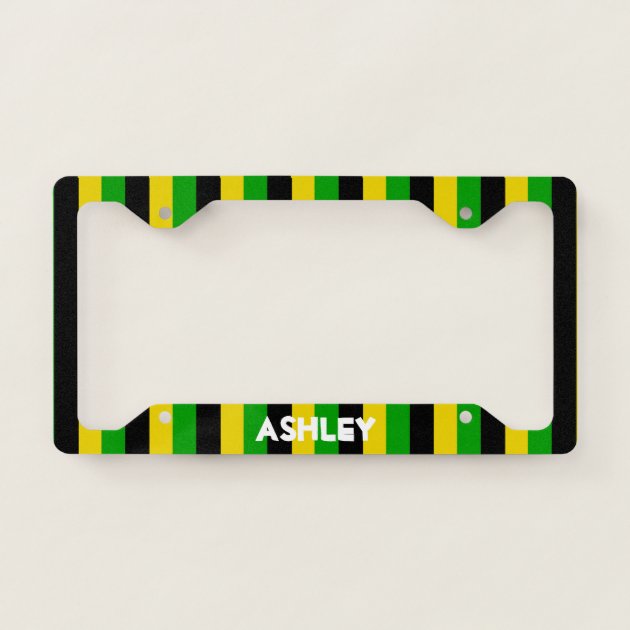 Jamaican Flag License Plate Frame - Black Plastic With Domed Decal Insert For Cars