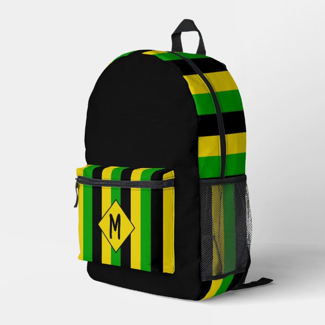 Jamaican Flag Colors Striped Monogram Printed Backpack (Back Corner Right)