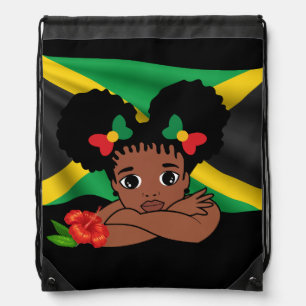 Jamaican Flag Girl & Hibiscus Drawstring Backpack