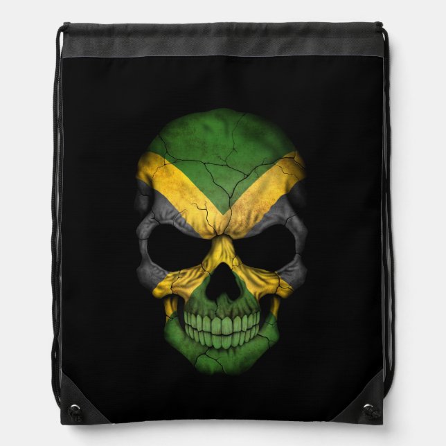 Jamaican Flag Skull on Black Drawstring Bag (Front)