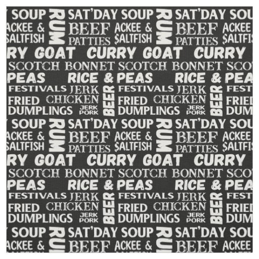 Jamaican Food Typographic Black and White Pattern Fabric