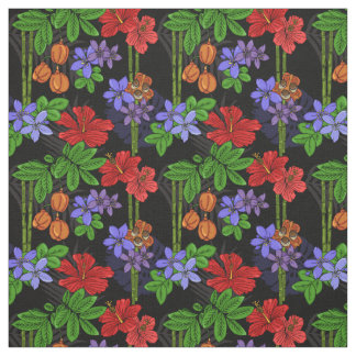 Jamaican National Flower and Fruit Tropical Black Fabric