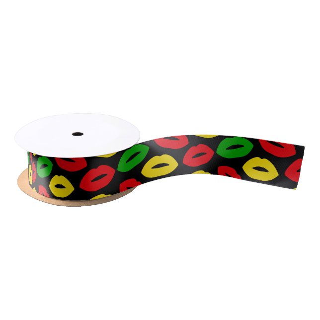 Jamaican Rasta Flag Colored Lipstick Kisses Satin Ribbon (Spool)