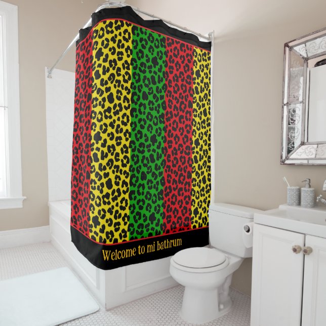 Jamaican Rasta Red Yellow Green Leopard Print Shower Curtain (In Situ)