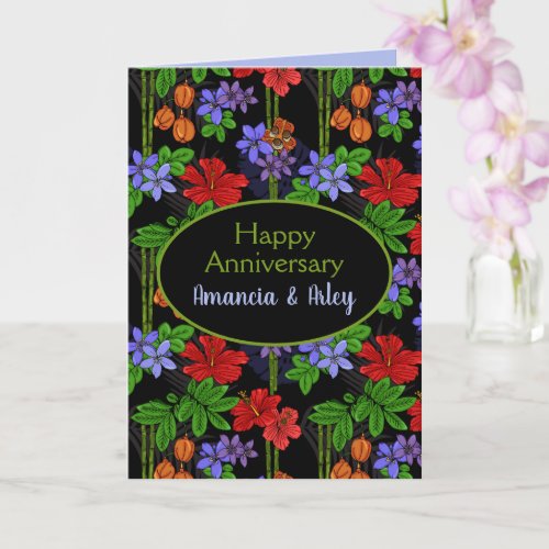 Jamaican Tropical Palms and Flowers Anniversary Card